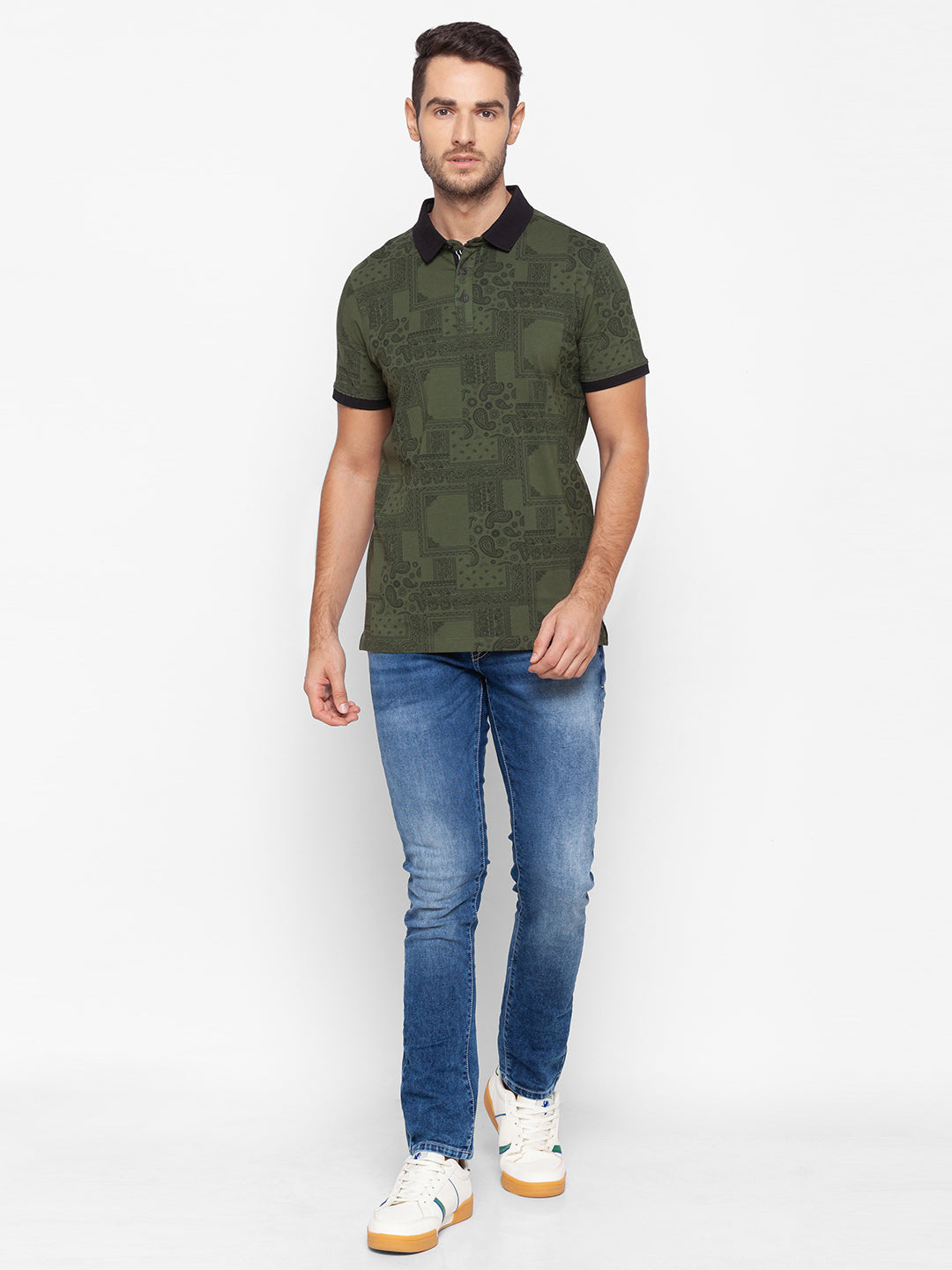 Spykar Men Green Cotton Slim Fit Polo T-Shirt