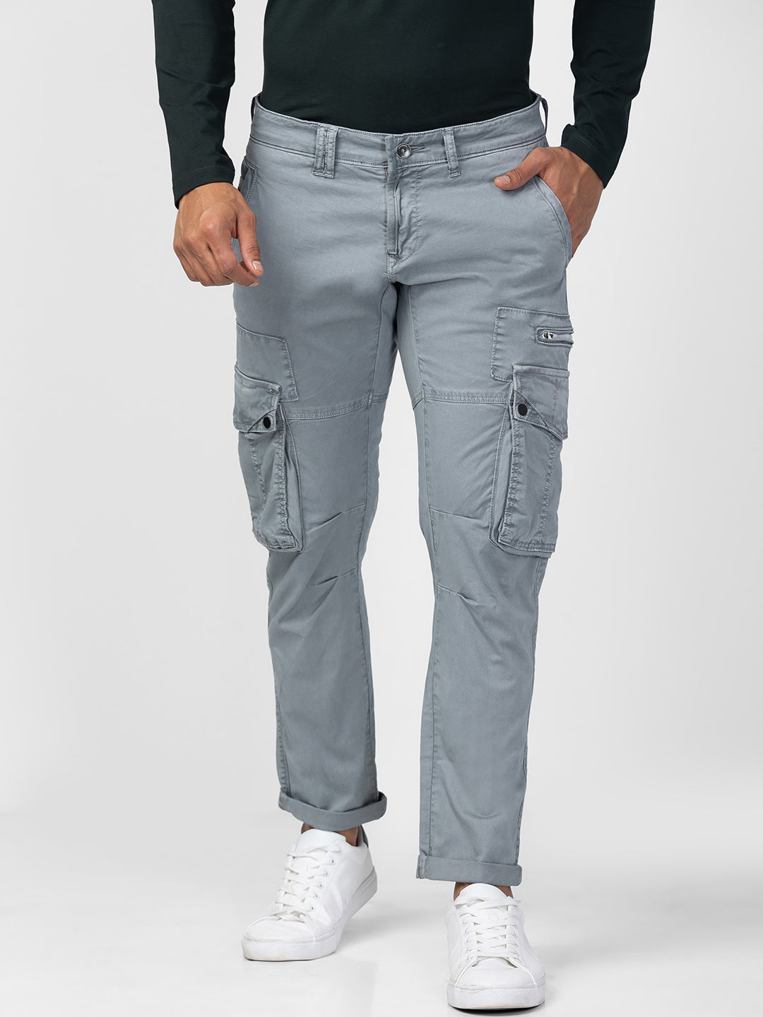 Spykar Men Light Grey Cotton Slim Fit Regular Length Trouser Cargo Pants