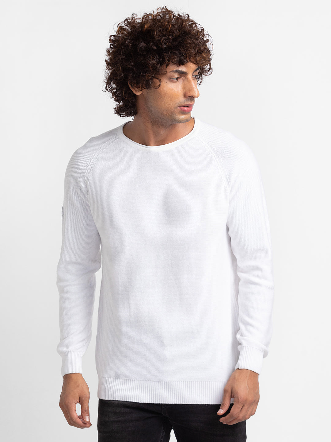 Spykar Ecru Cotton Full Sleeve Casual Sweater For Men