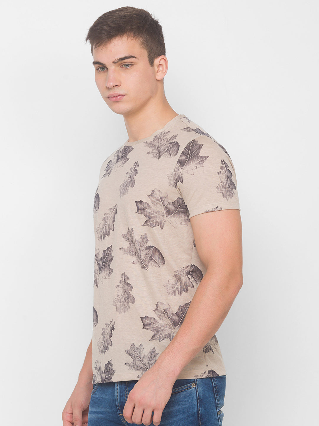 Spykar Men Beige Cotton Slim Fit Round Neck T-Shirt