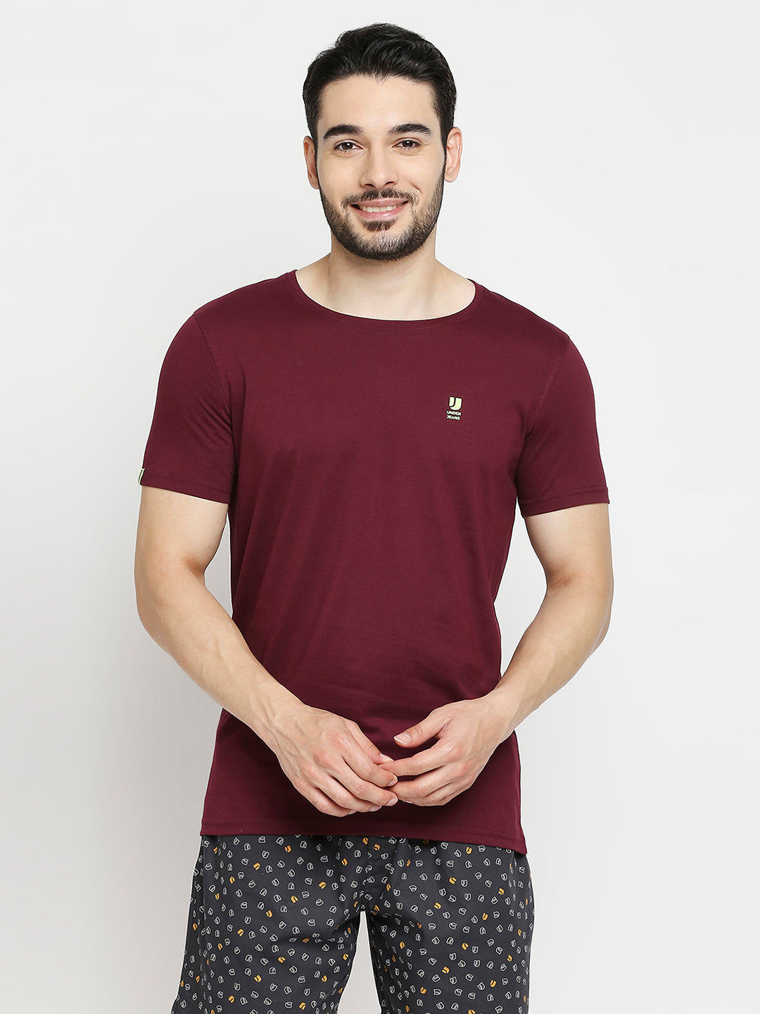 Men Premium White & Wine Cotton Regular Fit Round Neck T-Shirts - Pack Of 2 - Underjeans By Spykar