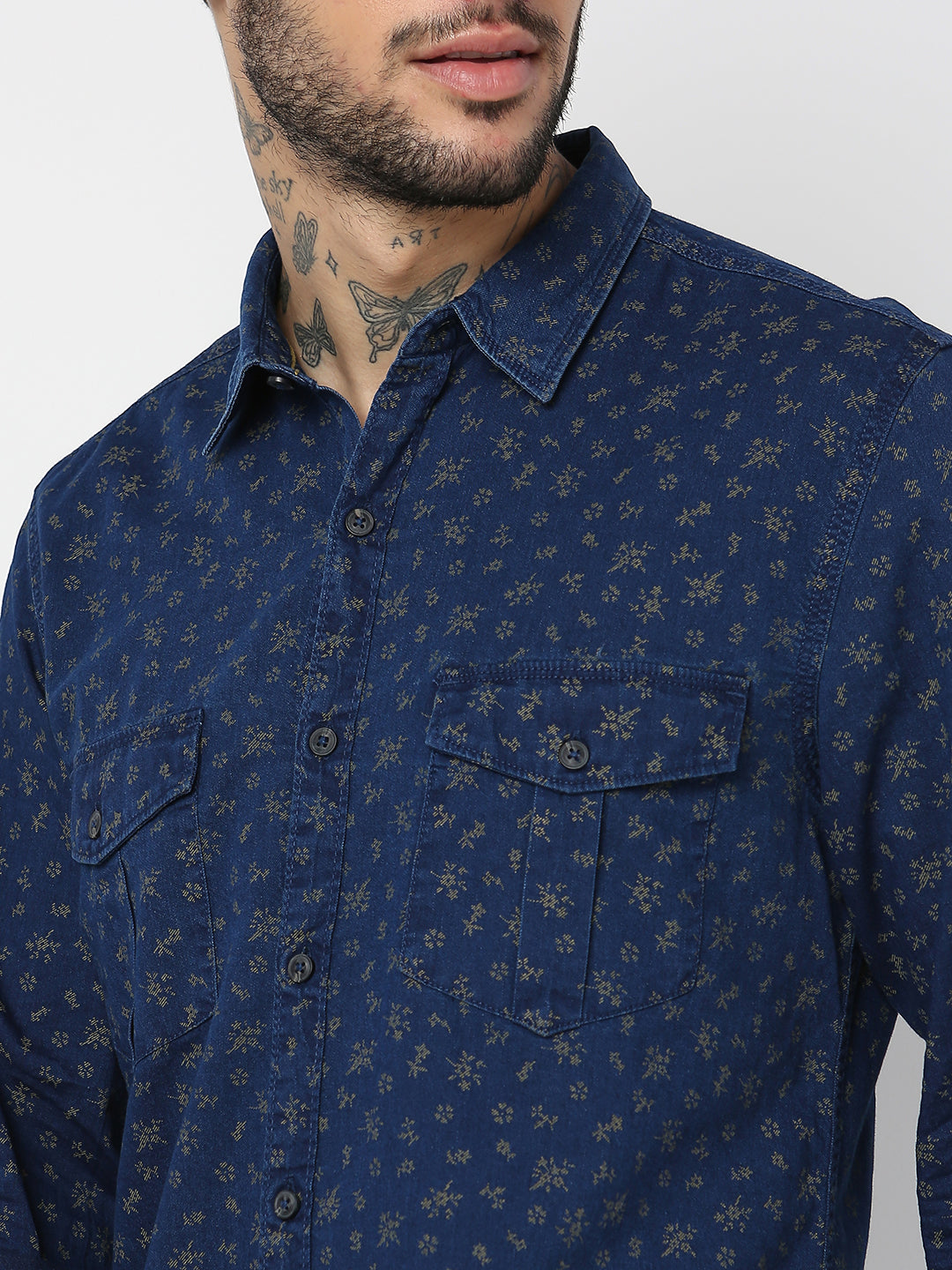 Spykar Men Indigo Blue/Khaki Cotton Slim Fit Printed Shirts