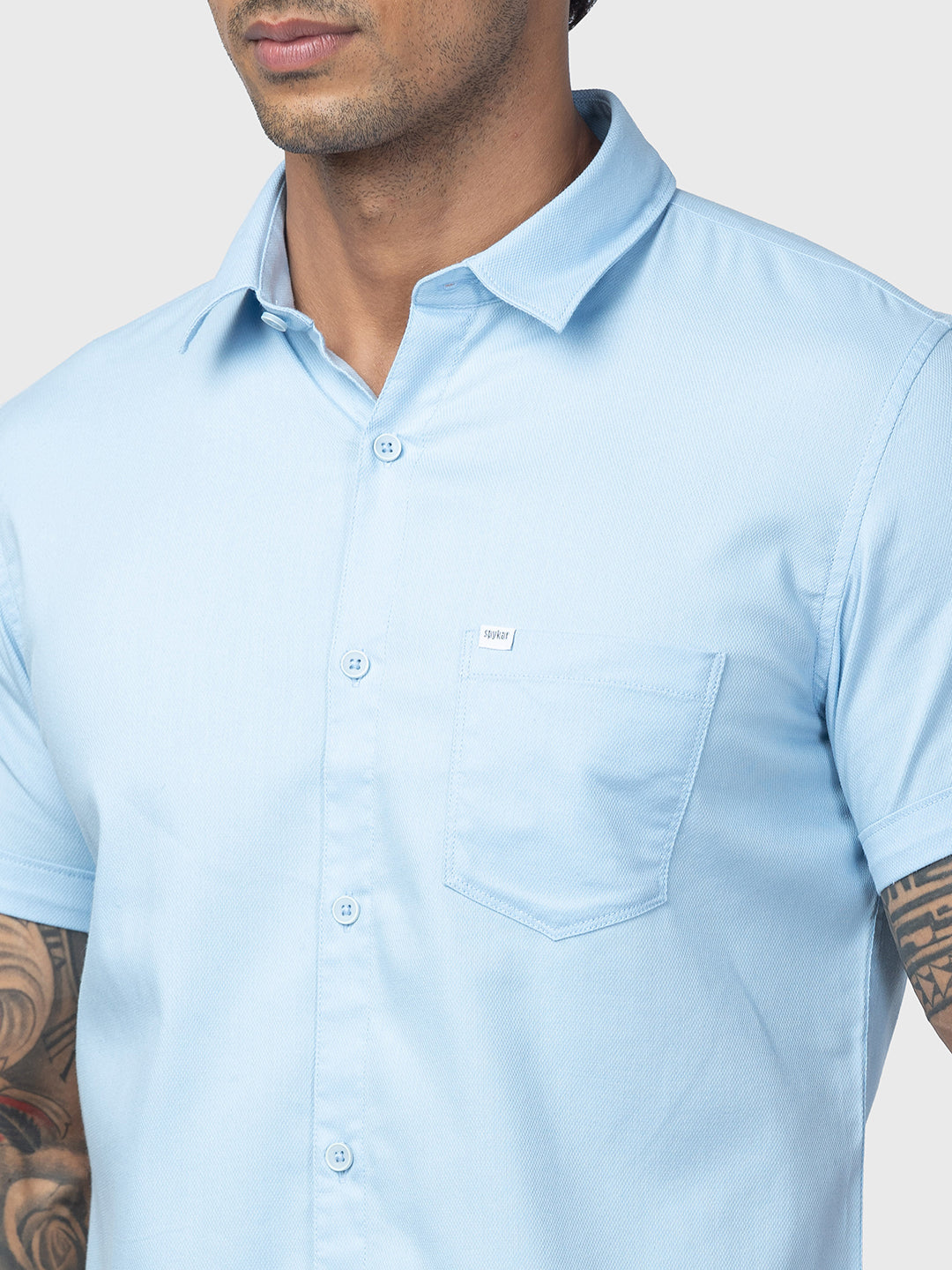 Spykar Men Sky Blue Cotton Regular Slim Fit Plain Shirt