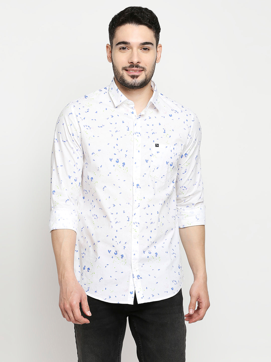 Spykar White Cotton Full Sleeve Printed Shirt For Men