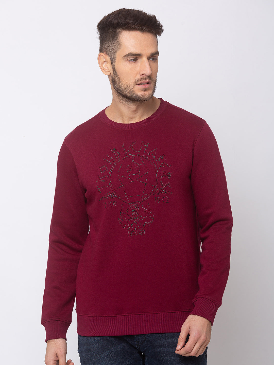 Spykar Wine Blended Slim Fit Sweatshirt For Men