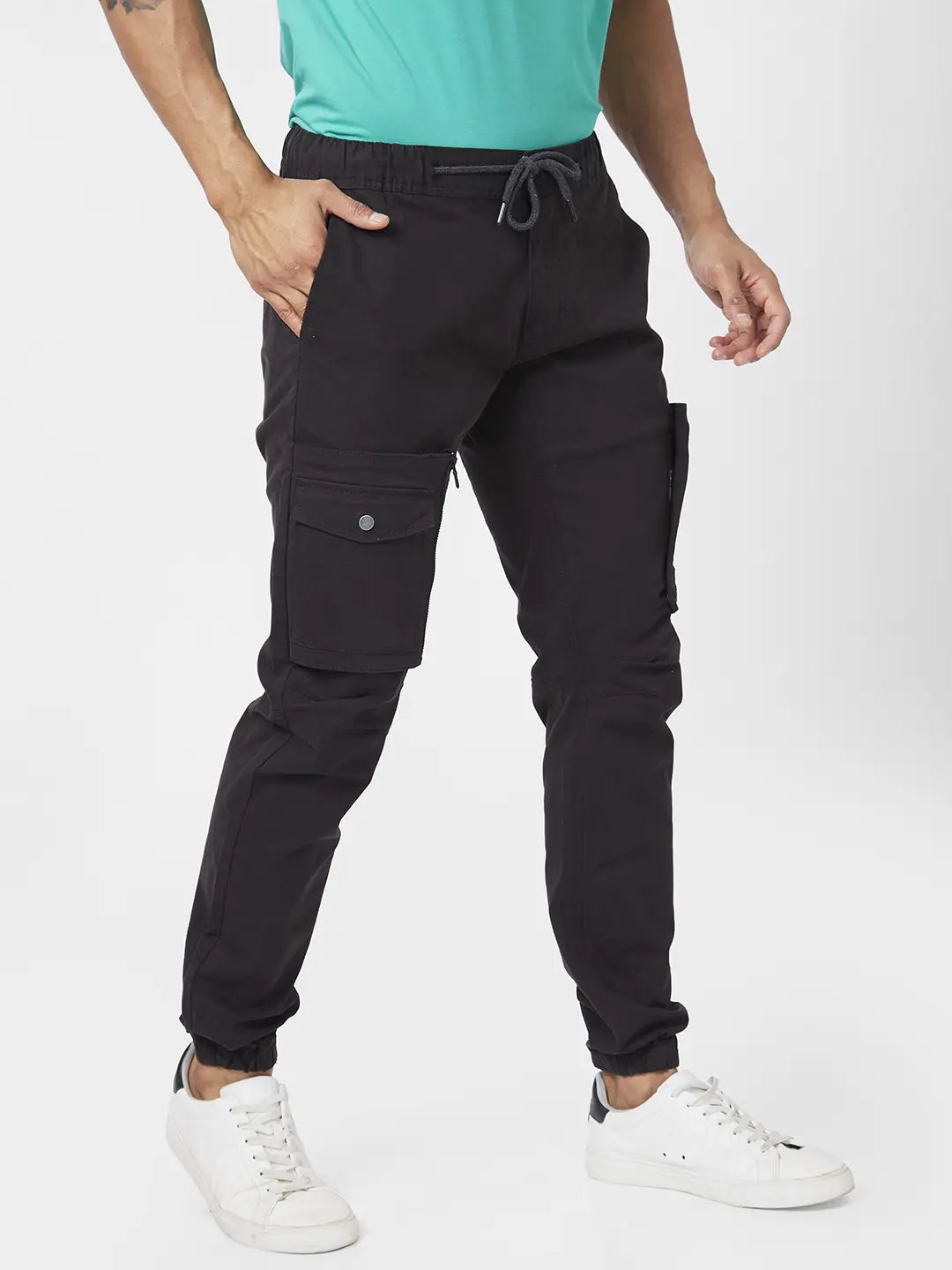 Buy Online Spykar Men Black Cotton Joggers Fit Ankle Length Mid