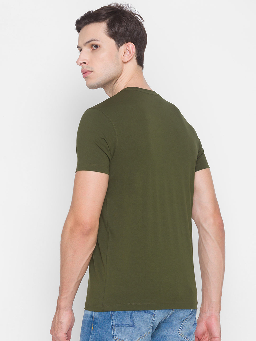 Spykar Men Green Cotton Slim Fit Round Neck T-Shirt