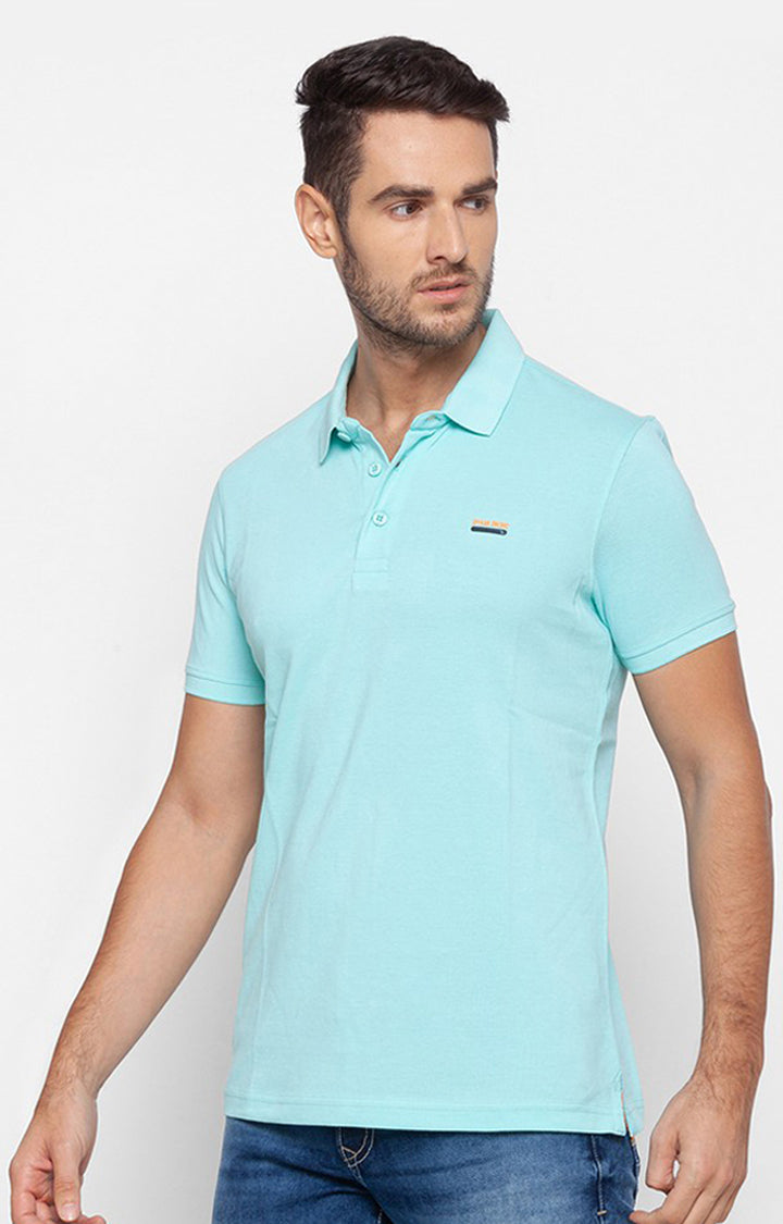 Spykar Men Aqua Blue Cotton Slim Fit Plain Polo Collar Tshirt