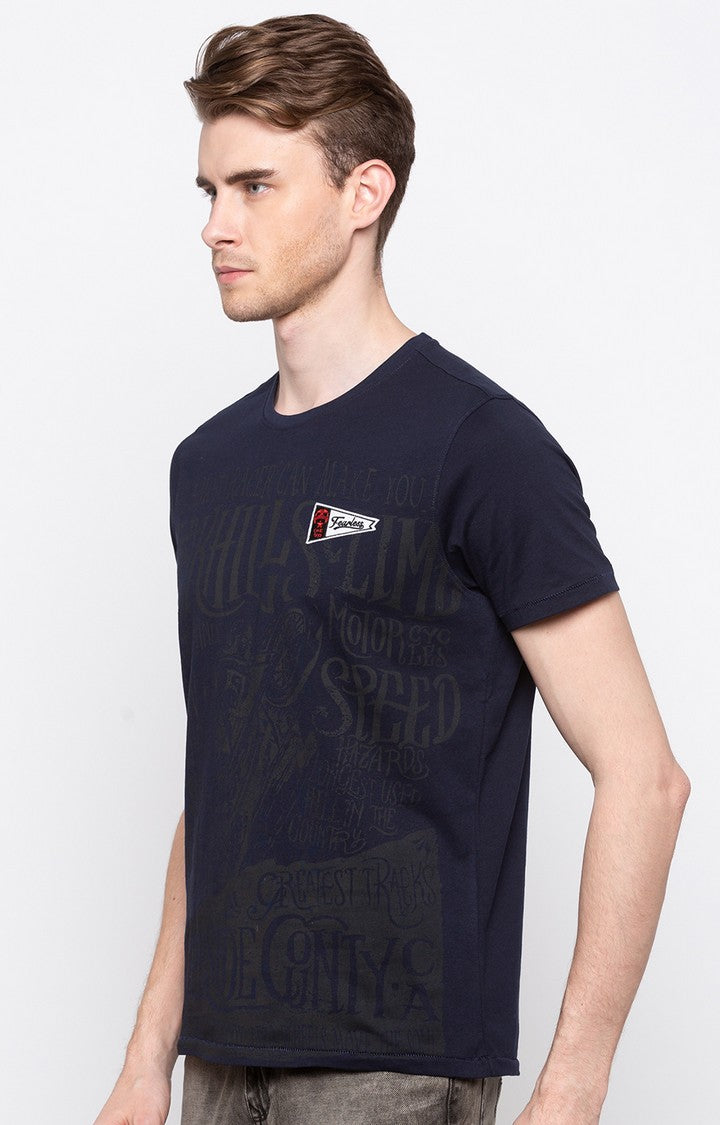 Spykar Navy Printed Slim Fit Men T-Shirts