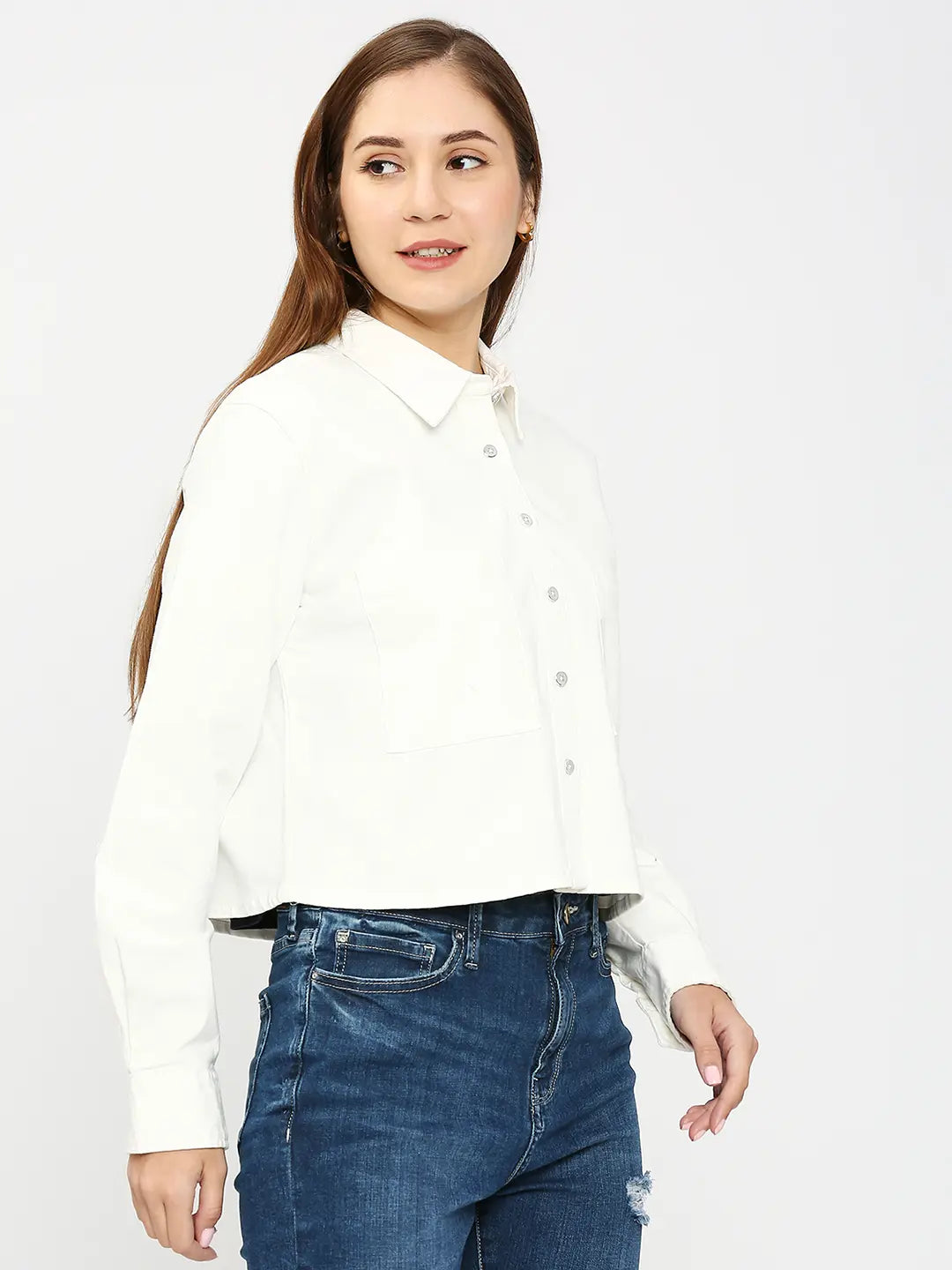 Spykar Women Off White Cotton Slim Fit Plain Crop Shirts