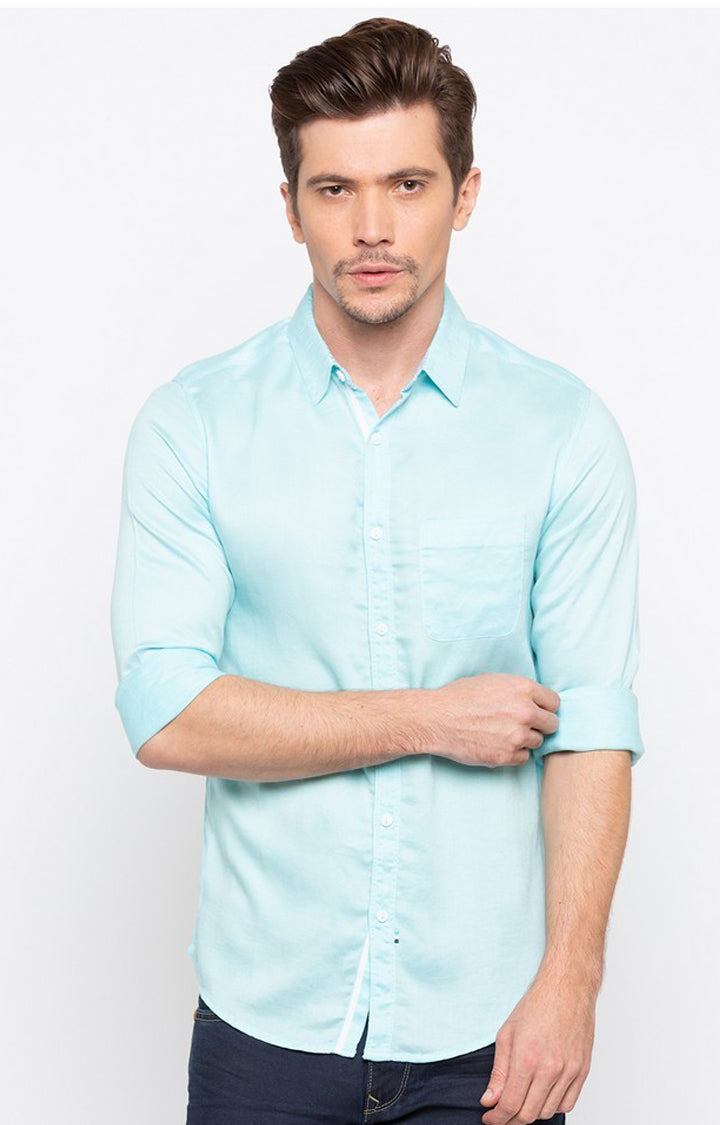 Spykar Blue Cotton Slim Fit Shirts For Men