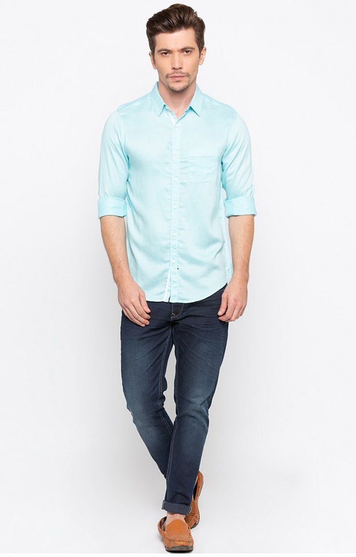 Spykar Blue Cotton Slim Fit Shirts For Men