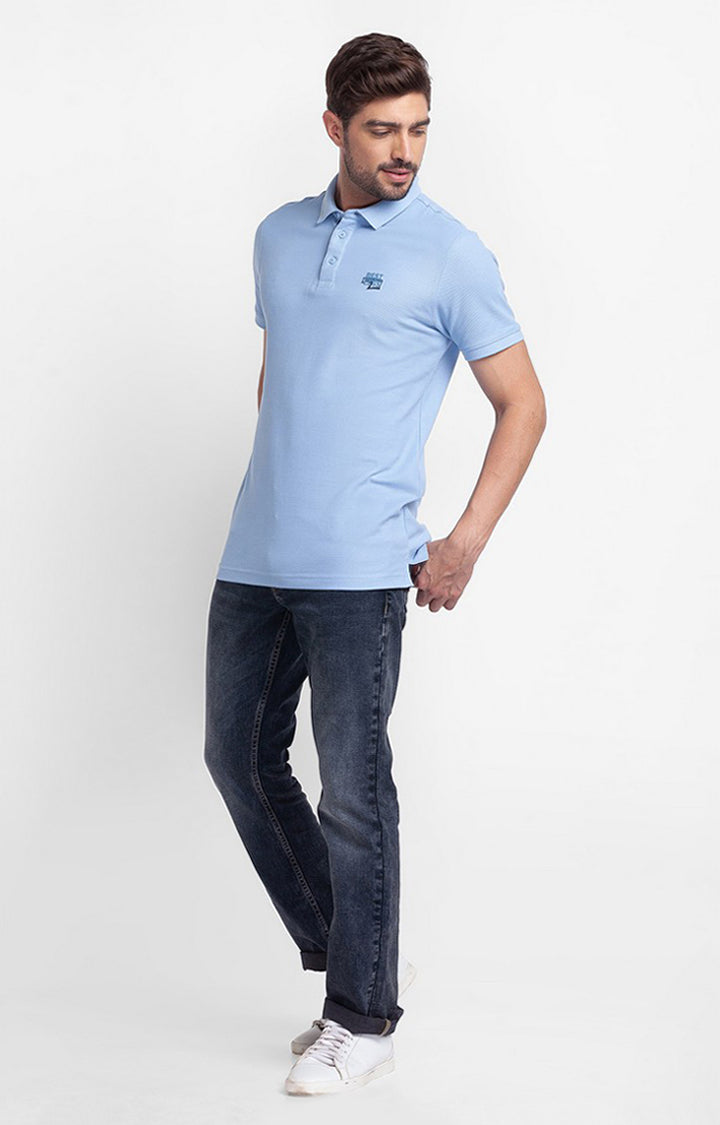 Spykar Powder Blue Cotton Half Sleeve Plain Casual Polo T-Shirt For Men