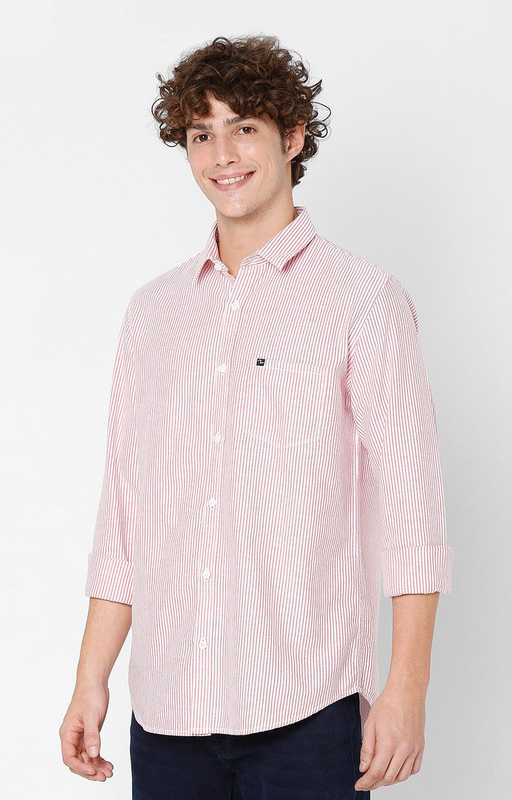 Spykar Slim Fit Red Striped Full Sleeve Shirts For Men