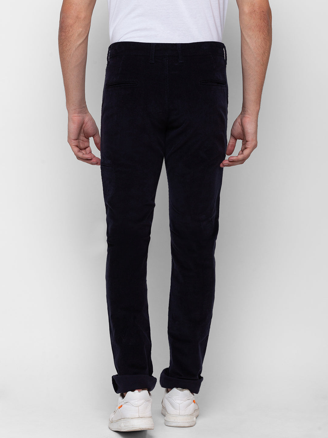 Spykar Navy Blue Cotton Regular Fit Straight Length Trouser For Men