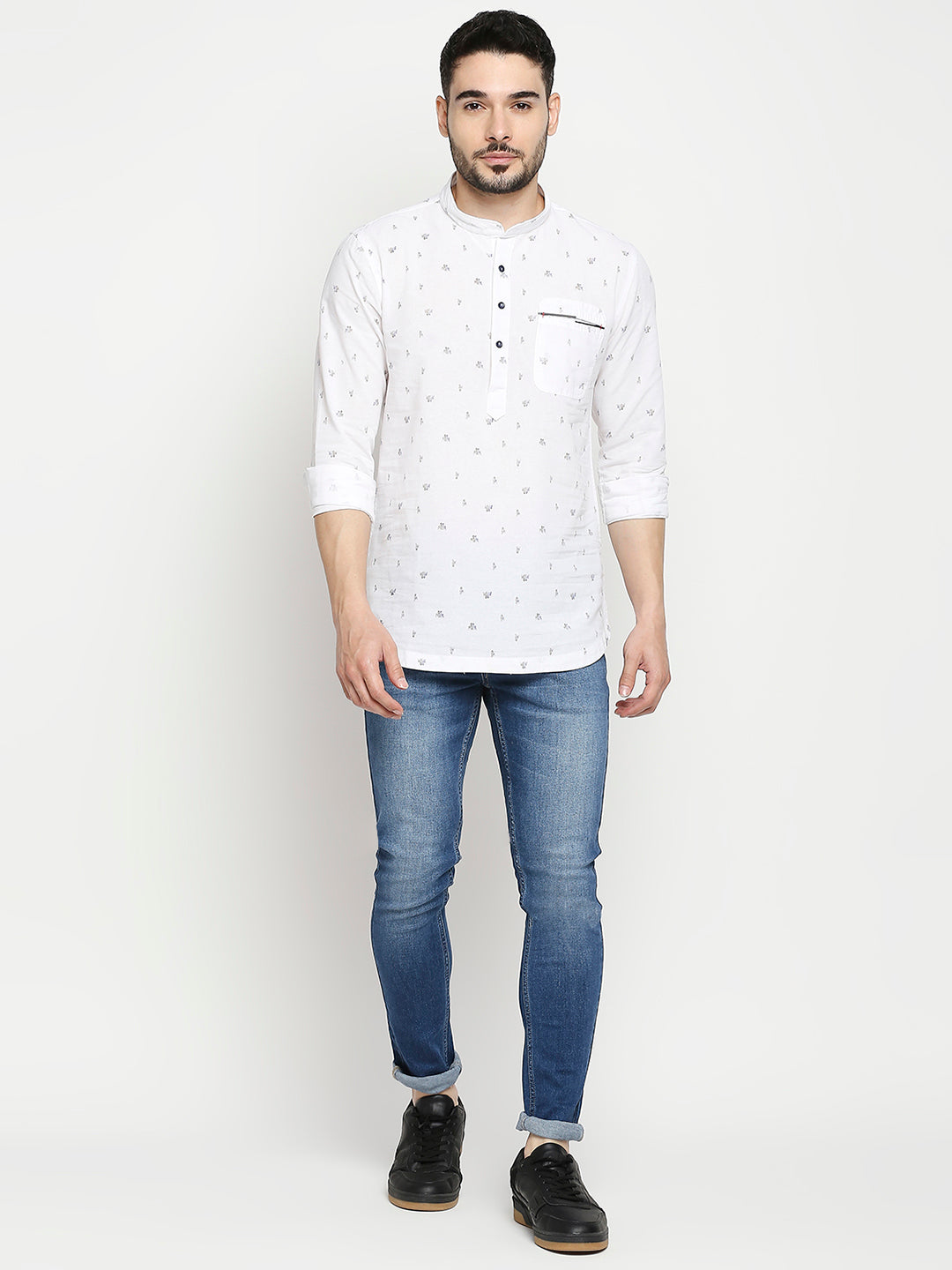 Spykar White Cotton Full Sleeve Printed Kurta For Men