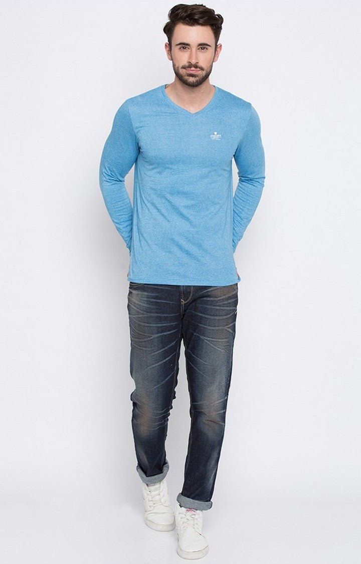 Spykar Blue Melange Slim Fit Men T-Shirts