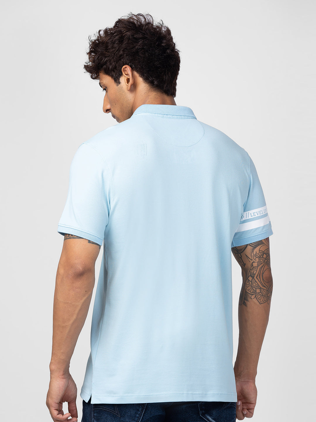 Spykar Men Powder Blue Cotton Regular Fit Half Sleeve Plain Polo T-Shirt