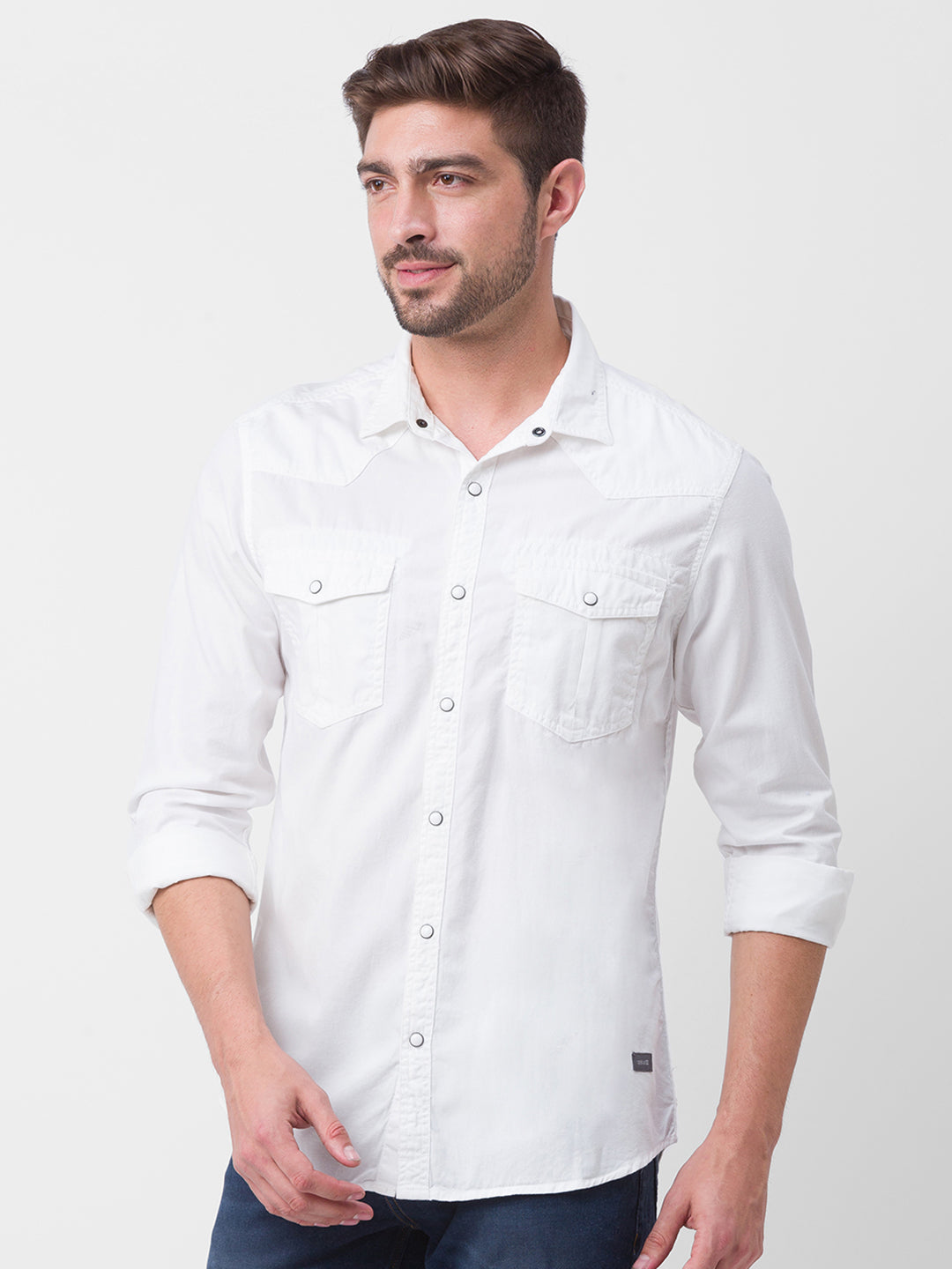 Spykar White Cotton Full Sleeve Plain Shirt For Men