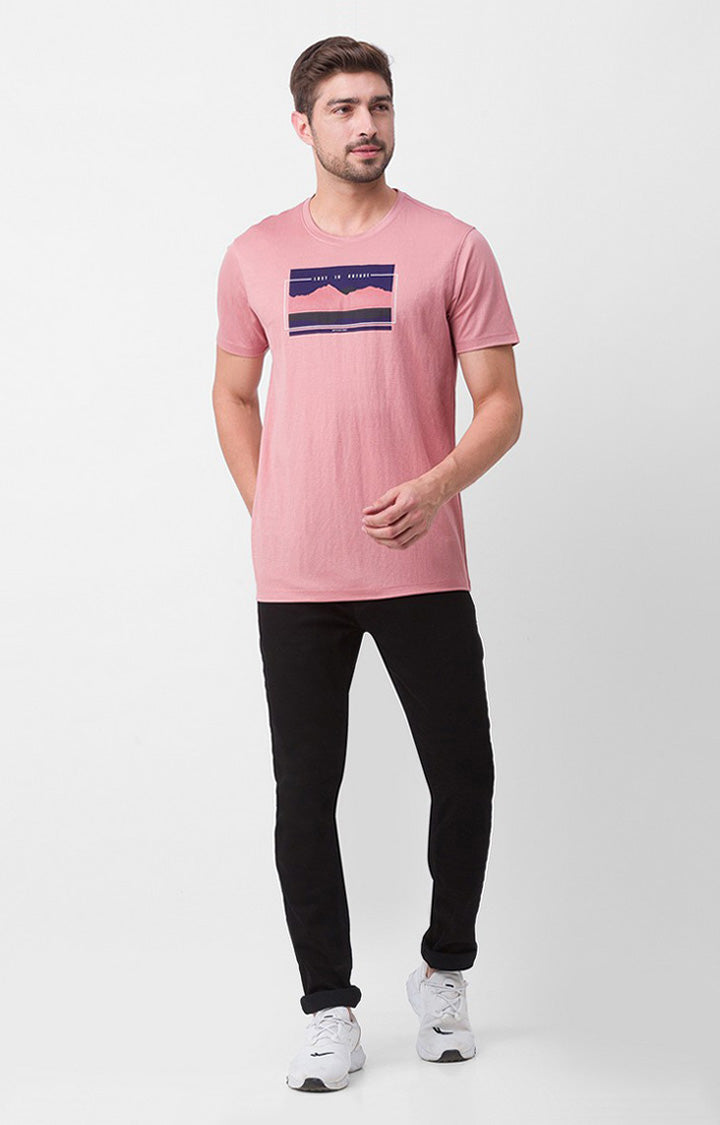 Spykar Dusty Pink Cotton Half Sleeve Printed Casual T-shirt For Men
