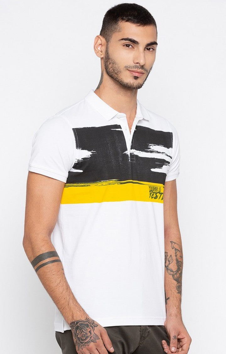 Spykar White Printed Slim Fit Polo T-Shirt