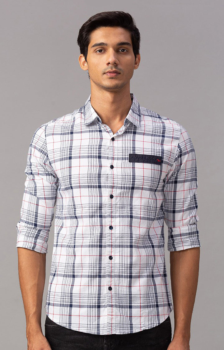 Spykar Men White Cotton Slim Fit Full Sleeve Checkered Shirt