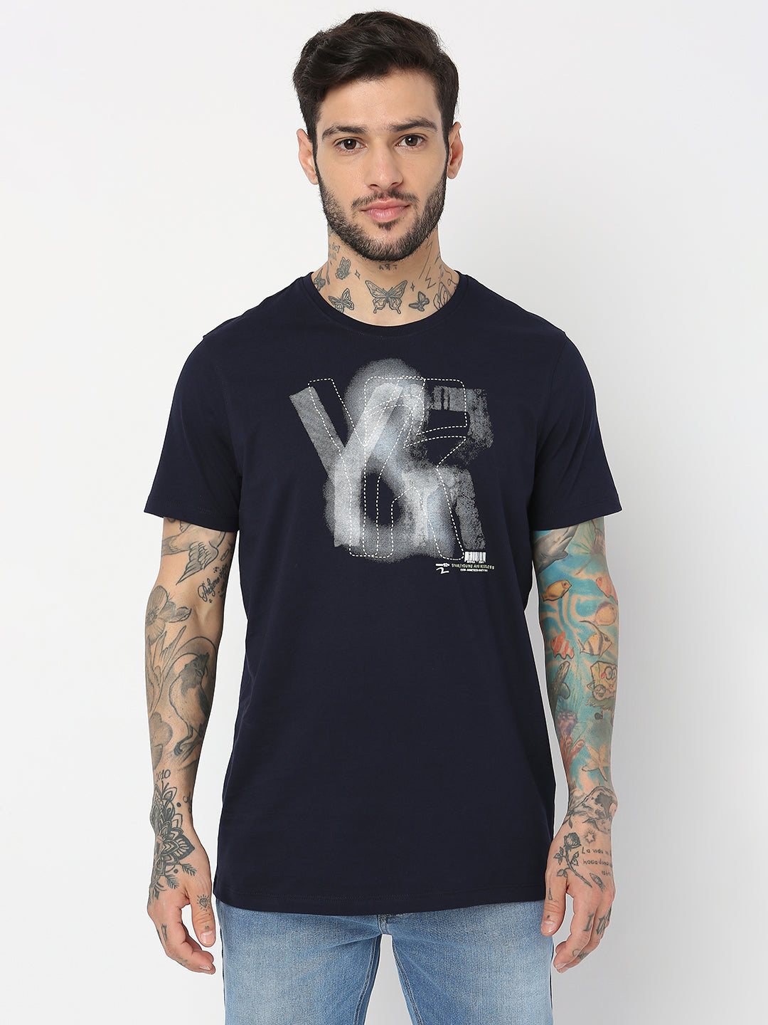 Spykar Men Navy Blue Cotton Slim Fit Round Neck Printed T-Shirt