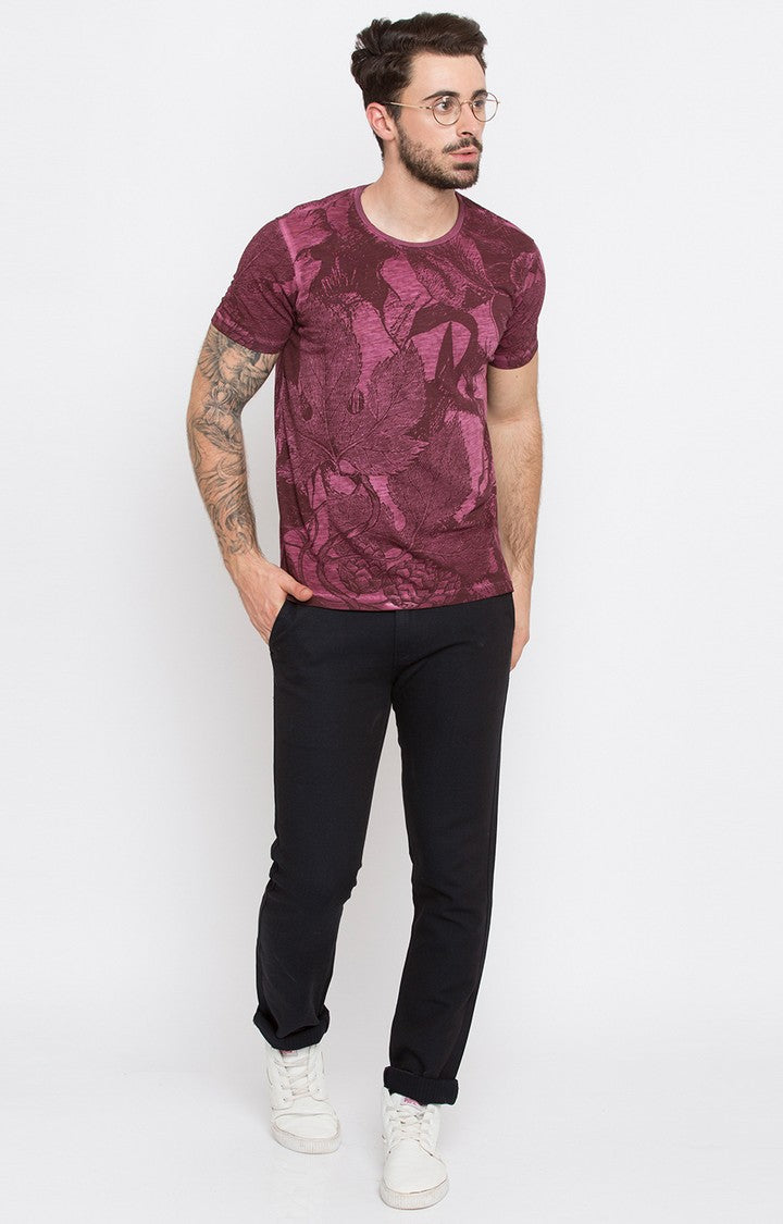 Spykar Wine Printed Slim Fit Men T-Shirts