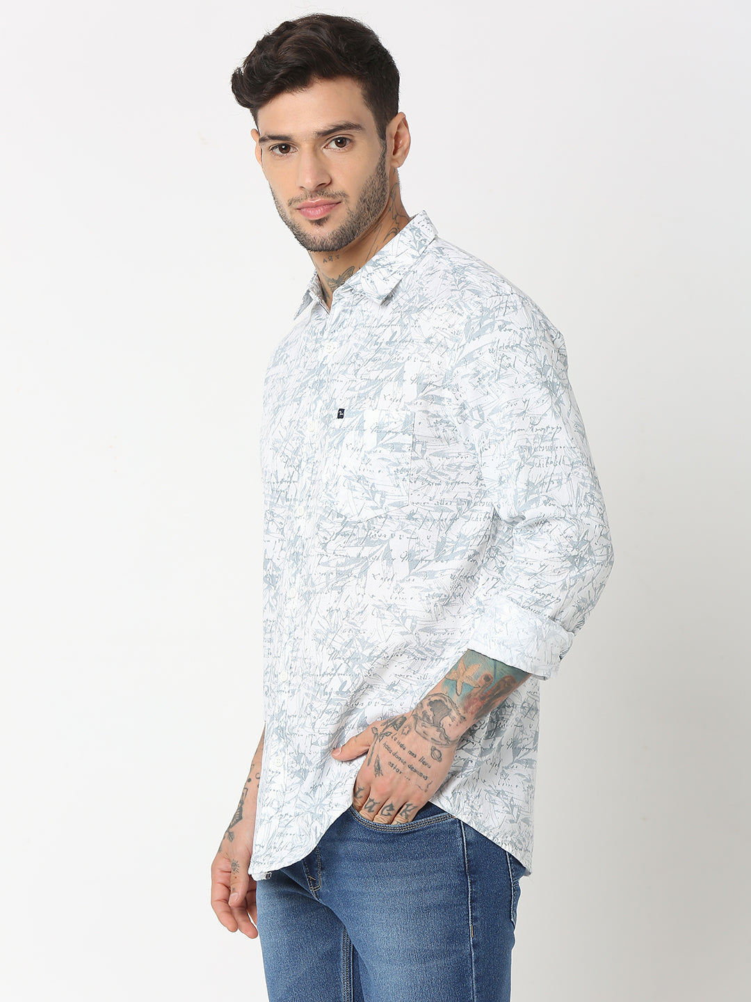 Spykar Men Grey Cotton Slim Fit Printed Shirts