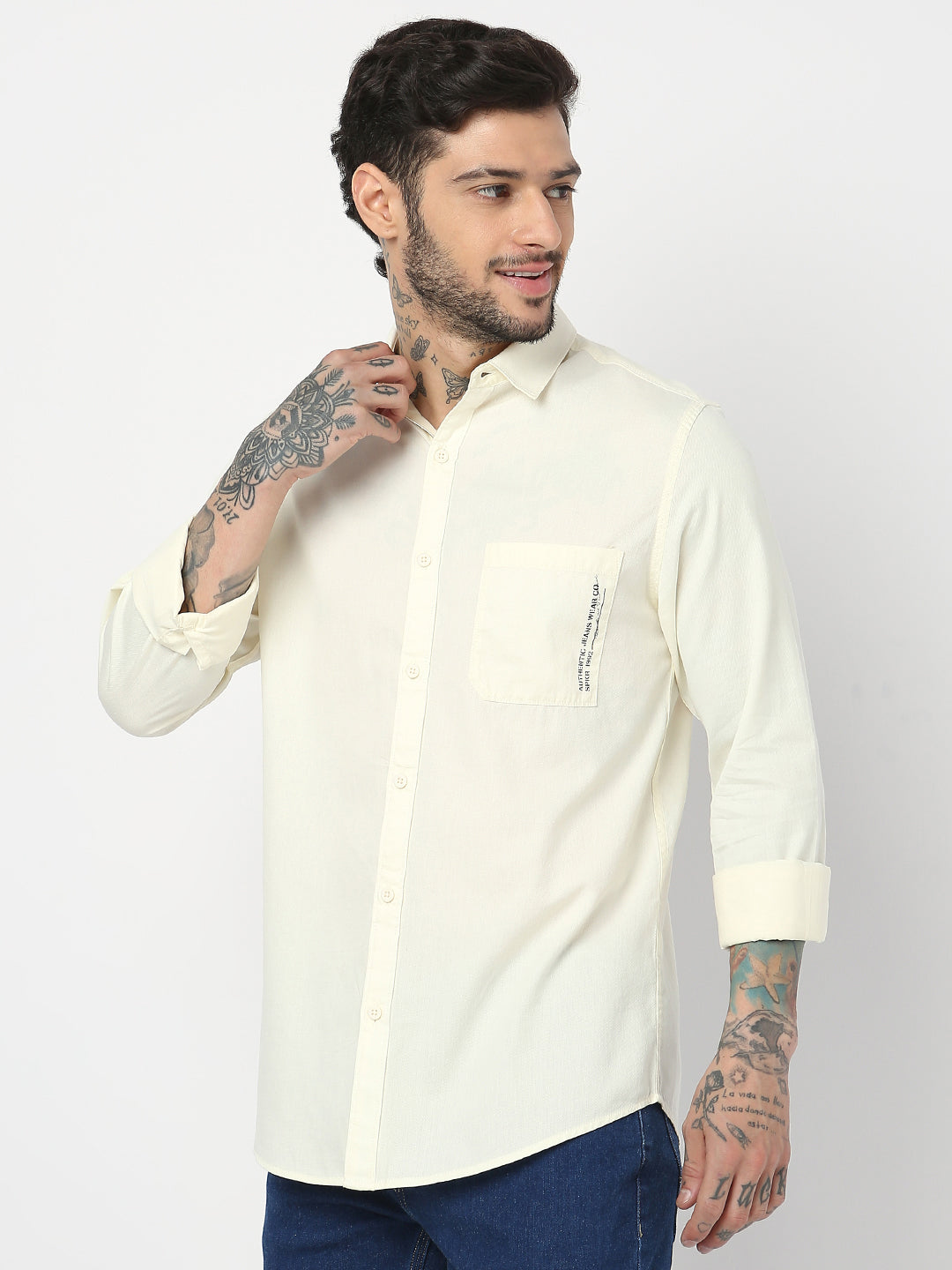 Spykar Men Off White Cotton Slim Fit Plain Shirts