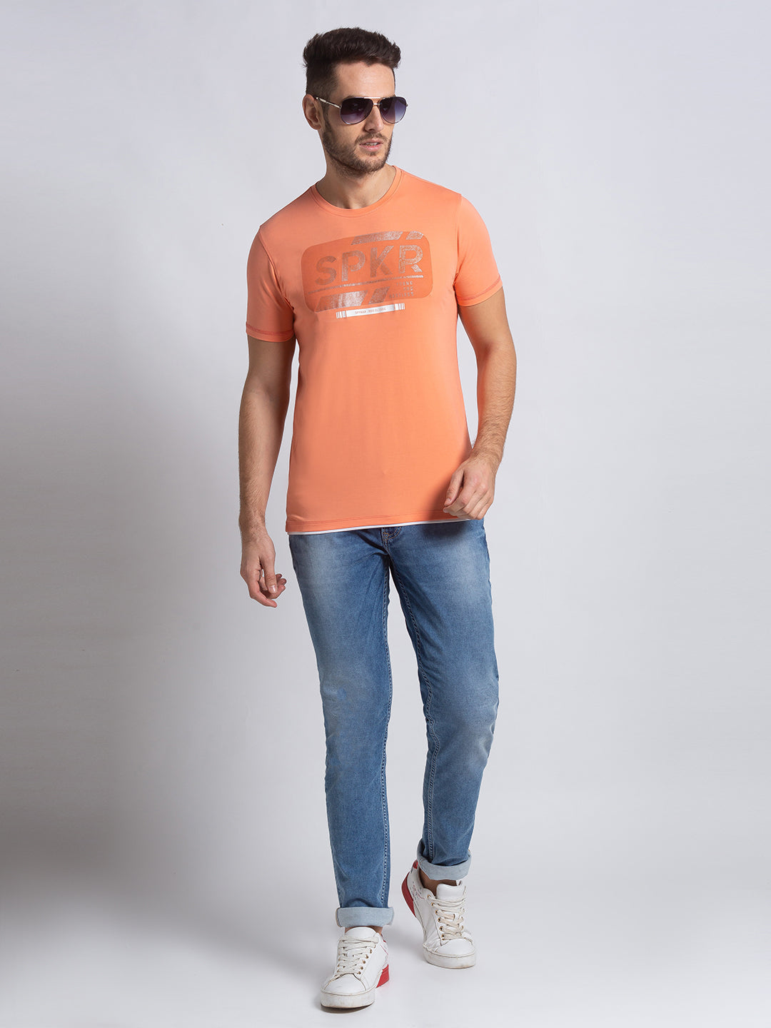 Spykar Men Pink Cotton Slim Fit Round Neck T-Shirt