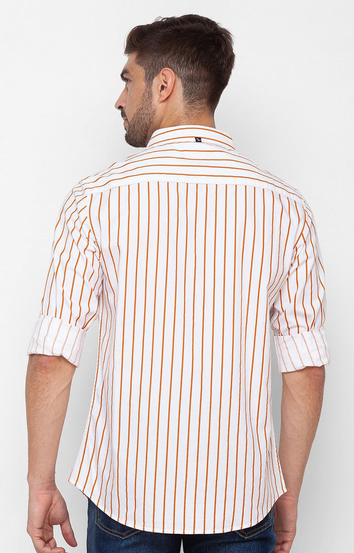 Spykar Flame Orange Cotton Full Sleeve Stripes Shirt For Men