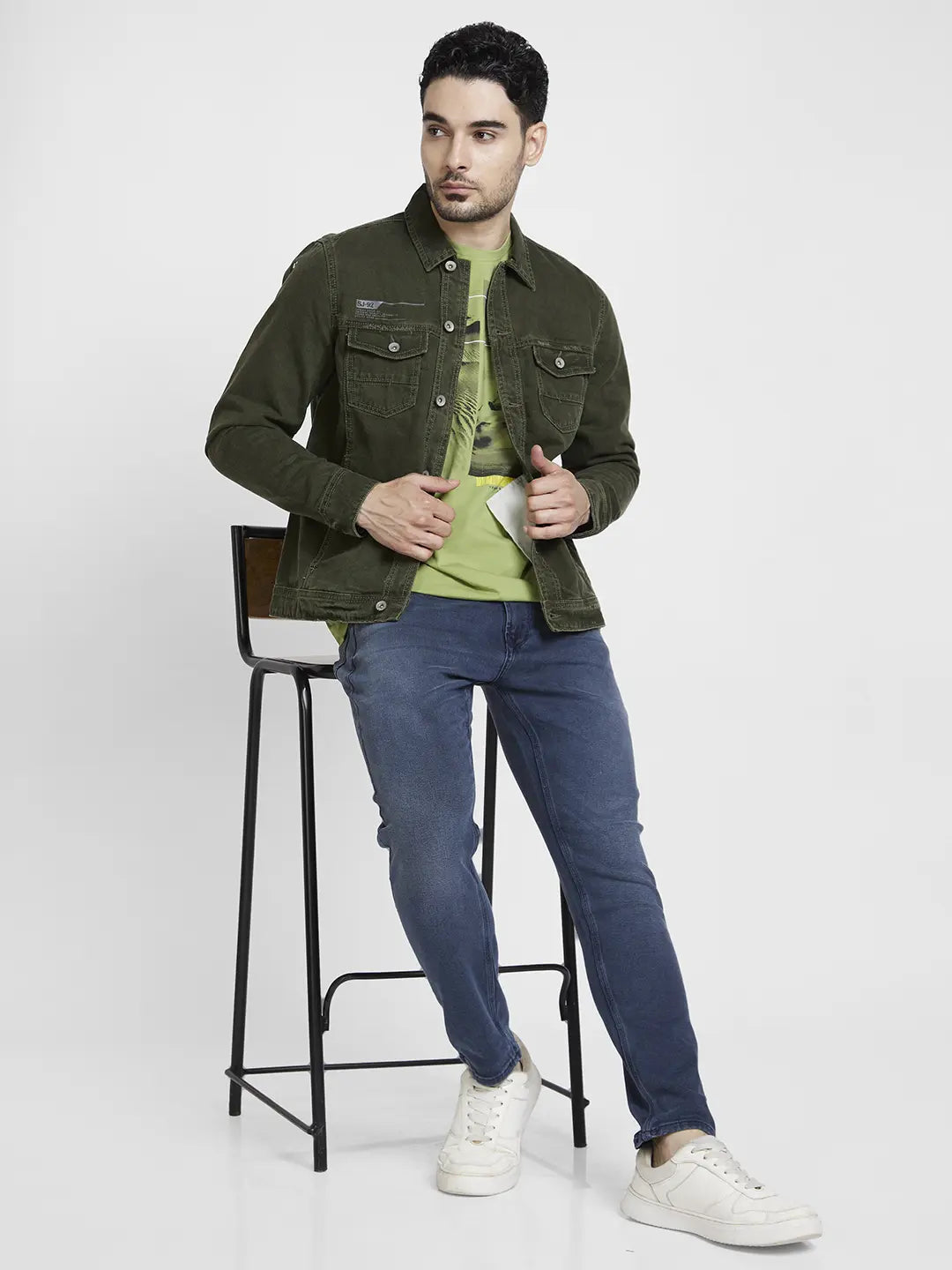 Spykar Men Dark Olive Cotton Regular Fit Denim Jacket