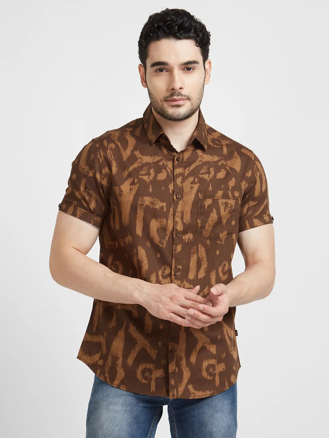 Spykar Men Brown Cotton Slim Fit Half Sleeve Printed Shirt