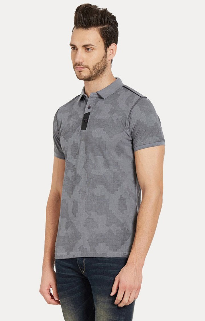 Spykar Blue Printed Slim Fit Polo T-Shirt