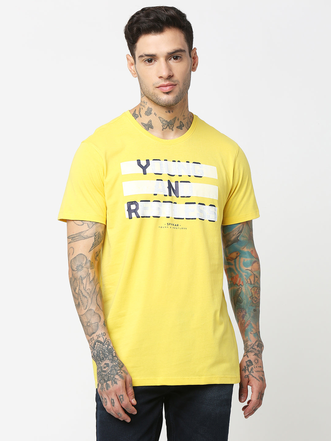 Spykar Men Yellow Cotton Slim Fit Round Neck Printed T-Shirt