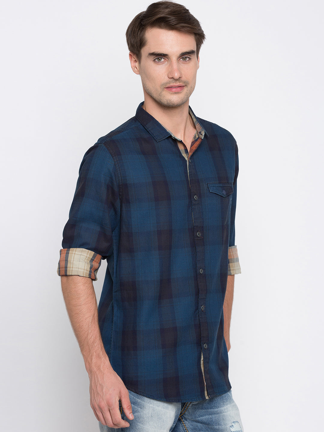 Spykar Men Navy Checked Slim Fit Casual Shirt