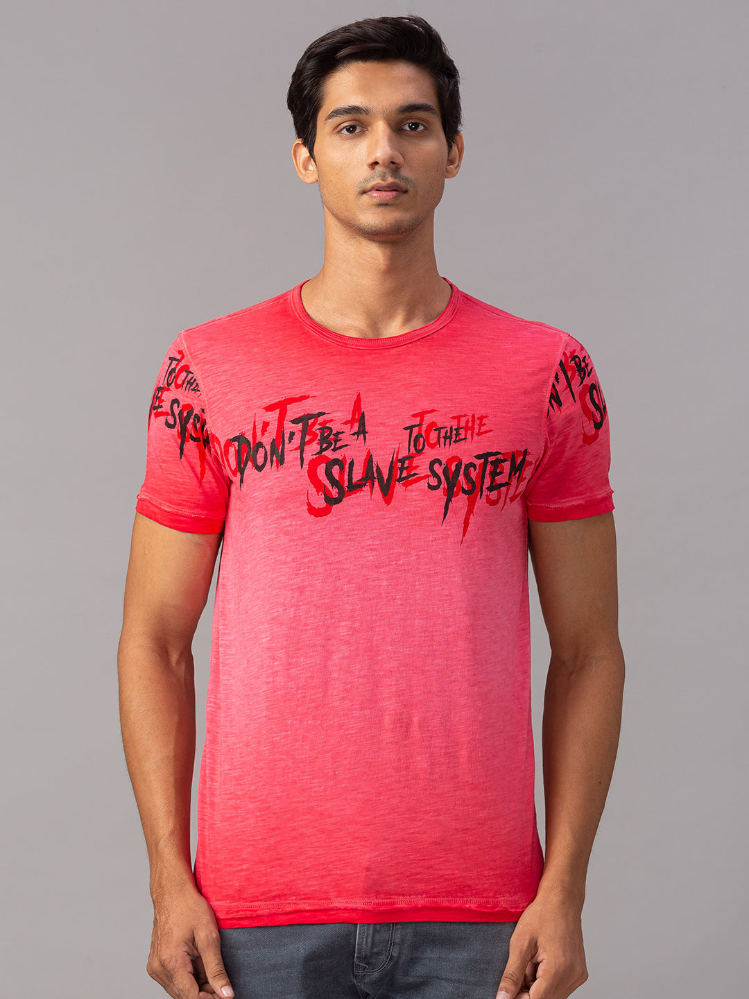 Spykar Men Red Cotton Slim Fit Round Neck T-Shirt