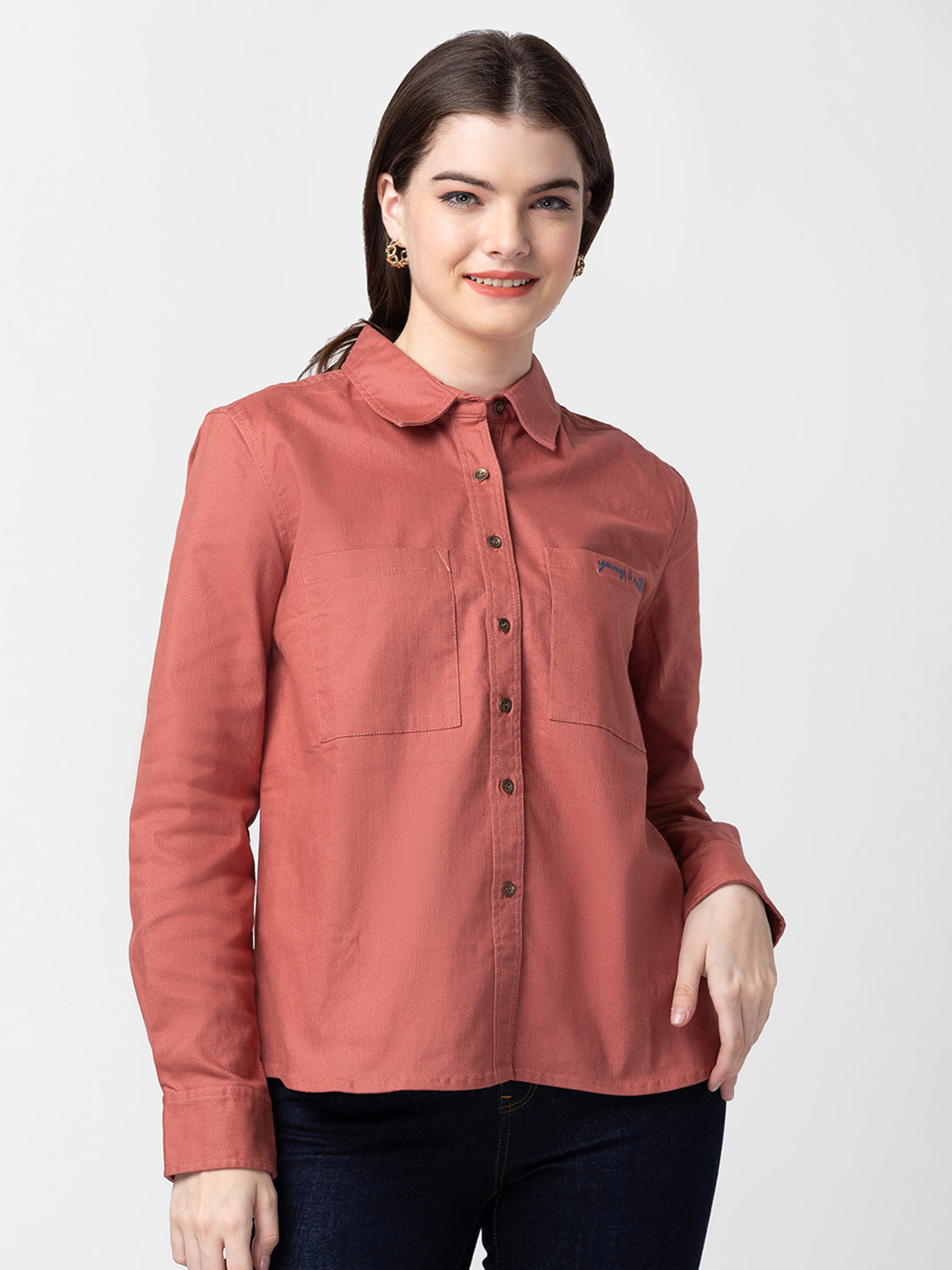 Spykar Women Brick Red Cotton Slim Fit Plain Shirts