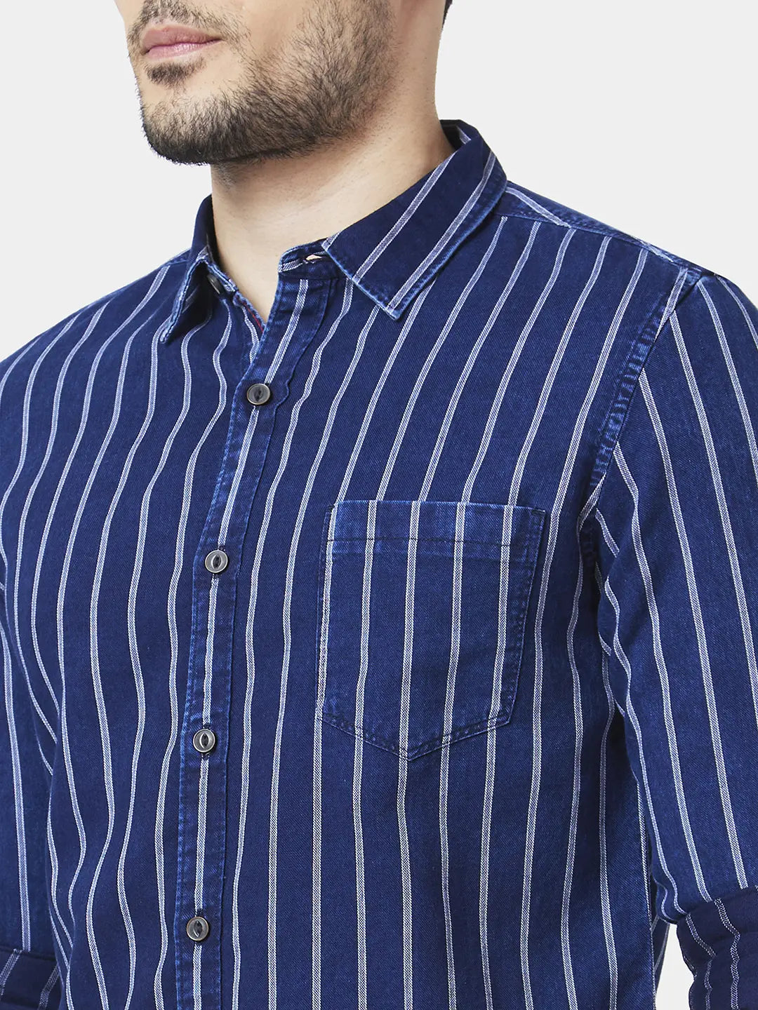 Spykar Men Indigo Blue Cotton Slim Fit Full Sleeve Striped Shirt