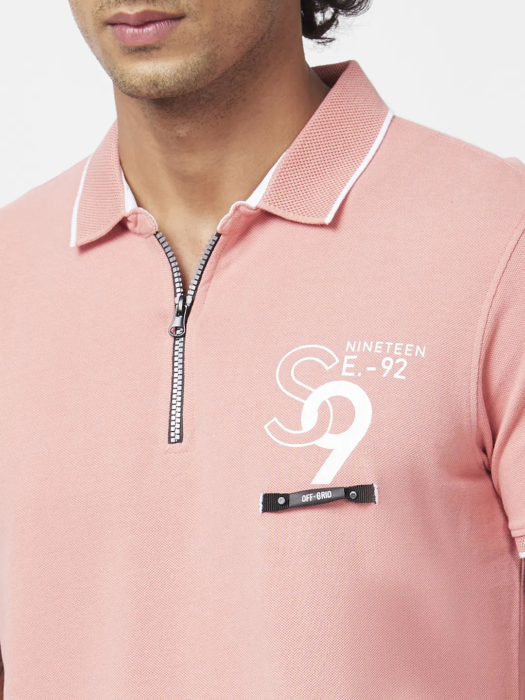 Spykar Men Dusty Pink Cotton Slim Fit Half Sleeve Polo Neck Plain Tshirt