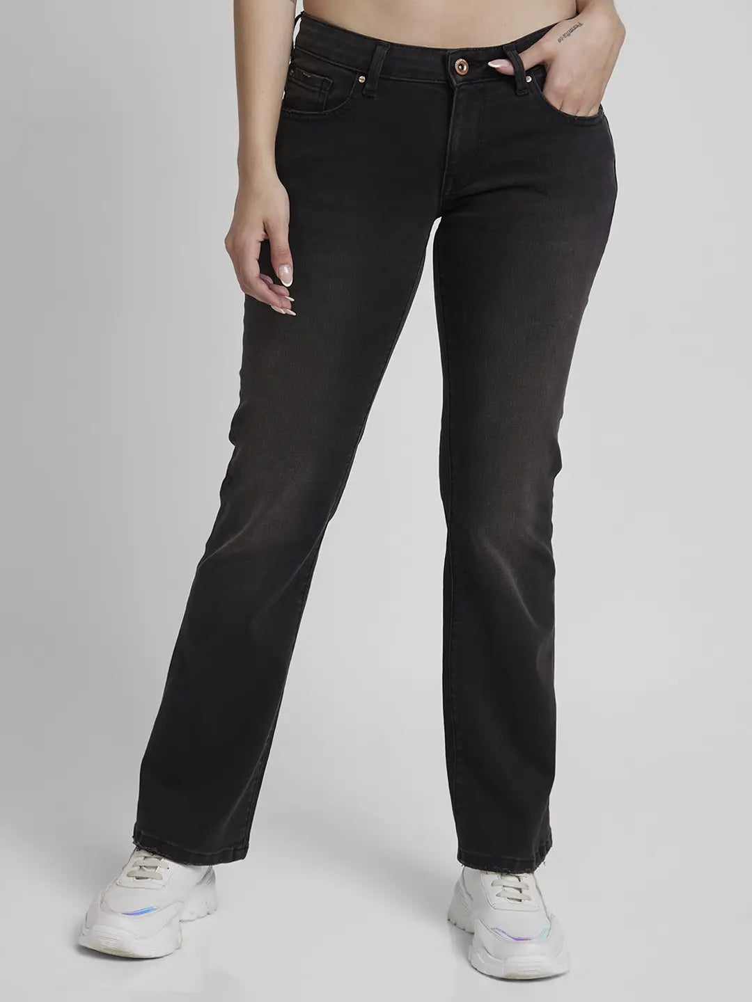 Spykar Women Black Lycra Bootcut Fit Ankle Length Low Distressed Jeans -(Elissa-Low)