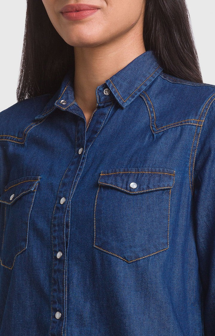 Spykar Mid Blue Cotton Full Sleeve Denim Shirts For Women