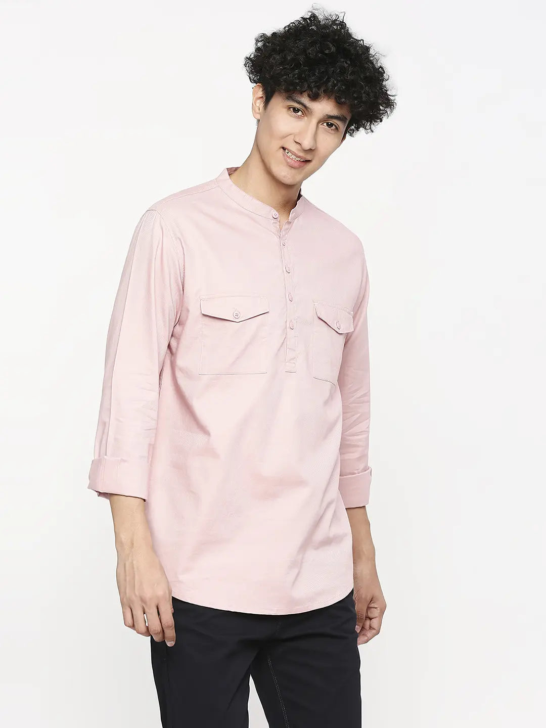 Spykar Men Tank Pink Cotton Slim Fit M and arin Collar Plain Kurta