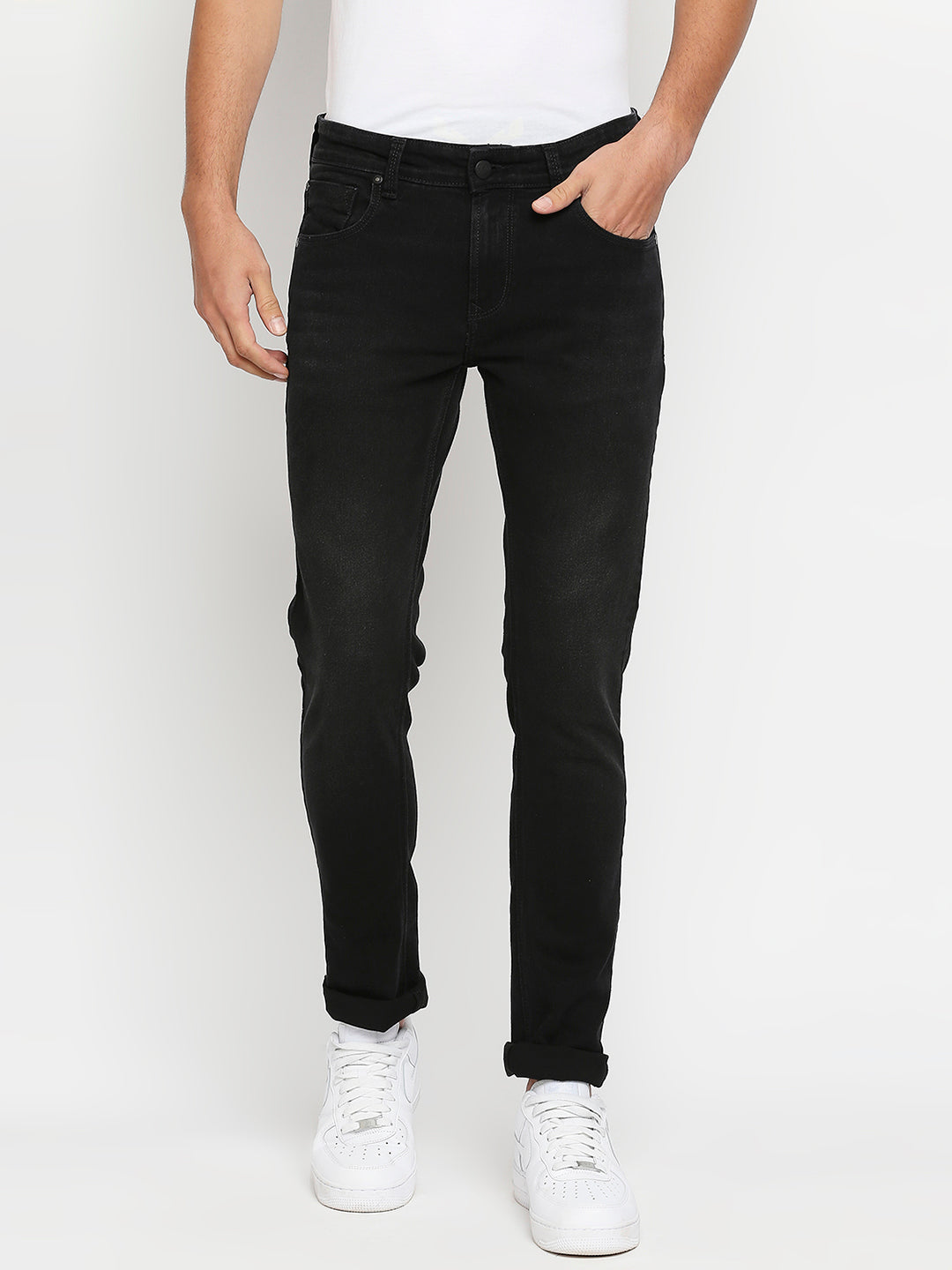 Spykar Black Cotton Slim Fit Narrow Length Jeans For Men (Skinny)