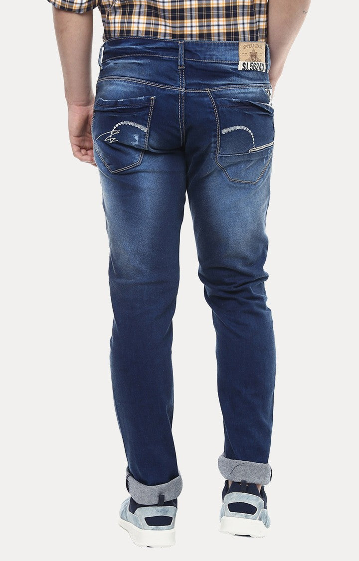 Spykar Blue Cotton Slim Fit Tapered Ankle Length Jeans For Men