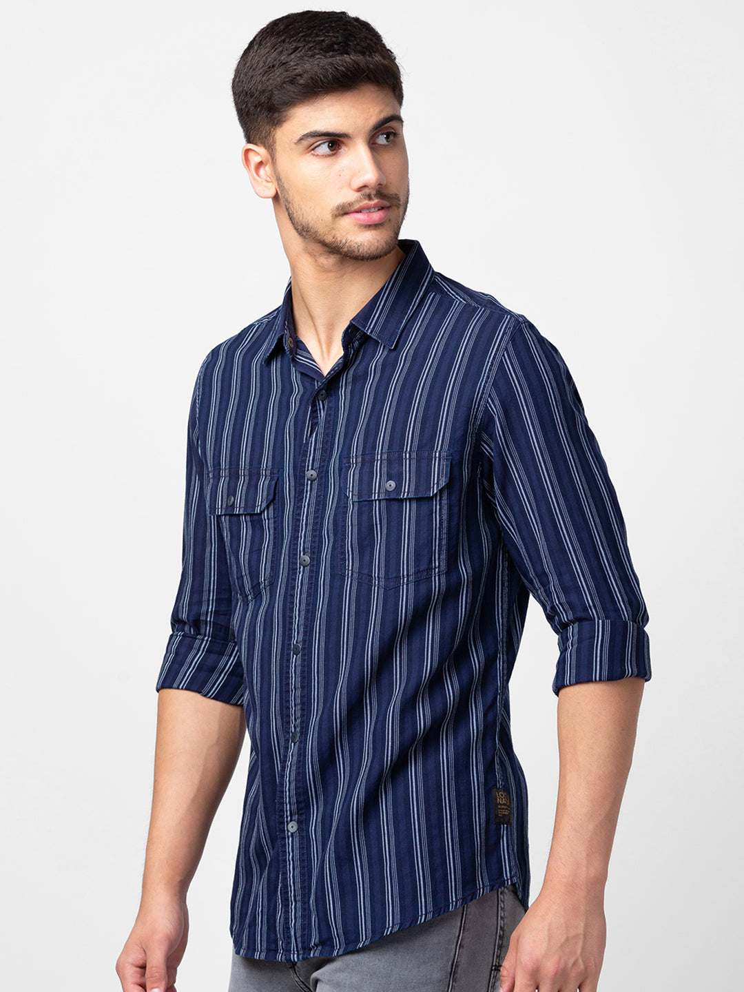 Spykar Men Indigo Blue Cotton Slim Fit Striped Shirt