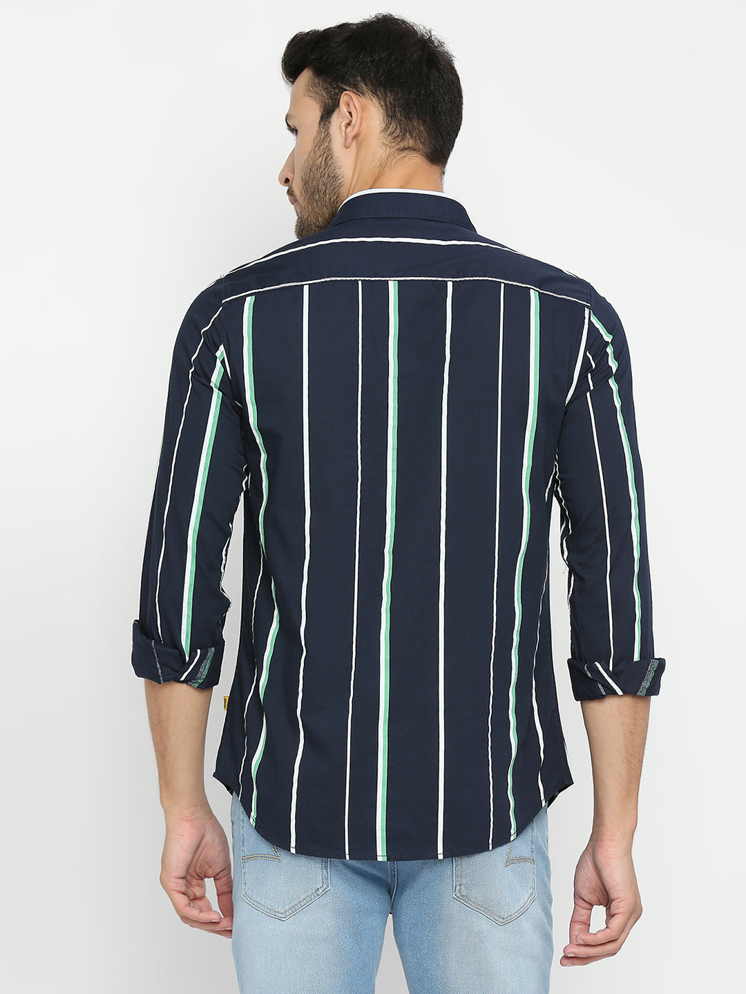 Spykar Men Navy Blue Cotton Full Sleeve Striped Shirt