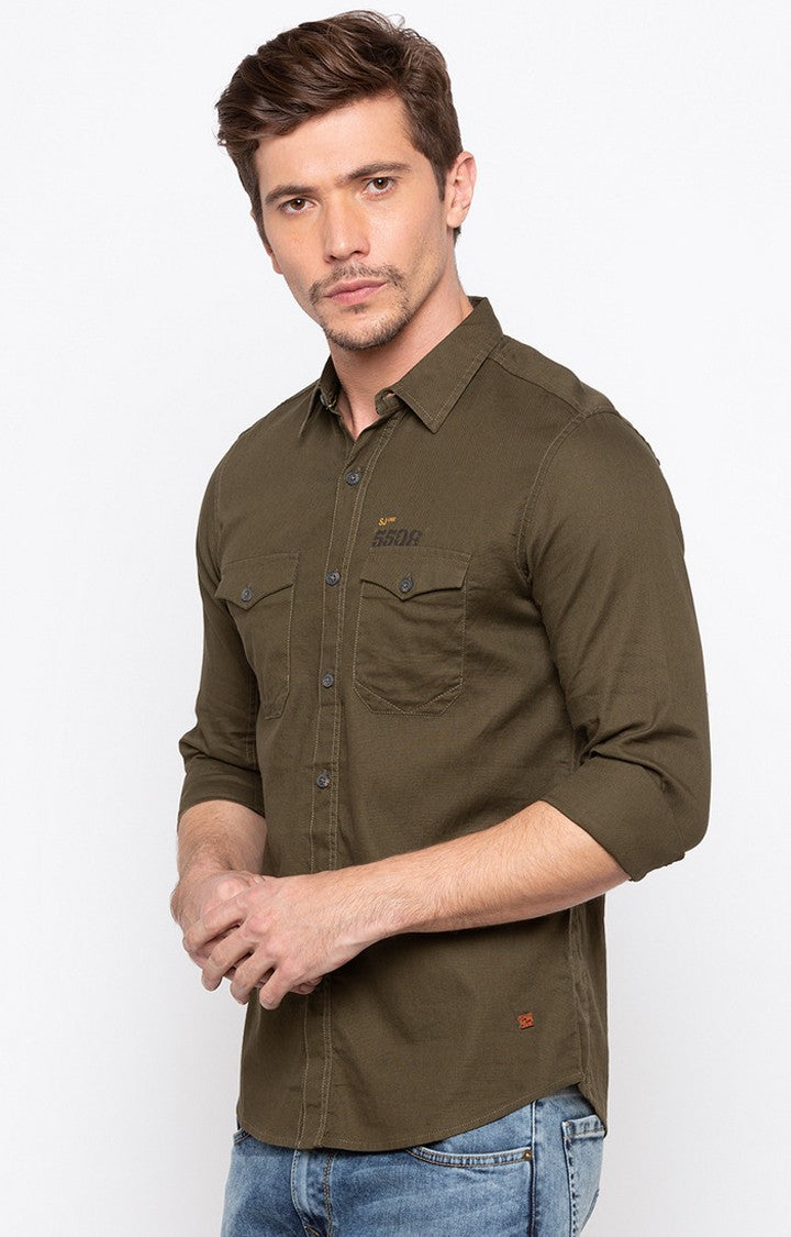 Spykar Men'S Green Cotton Solid Casual Shirts