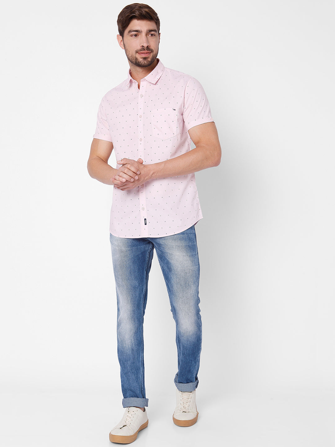 Spykar Slim Fit Men Light Pink Cotton Casual Shirts